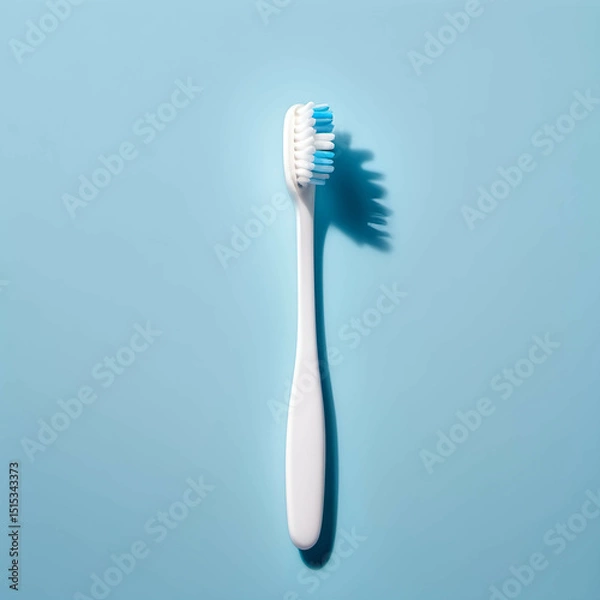 Obraz One toothbrush lying flat on a light blue background. High-key lighting with a gentle shadow underneath.
