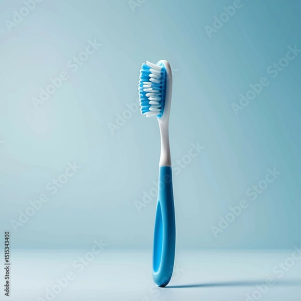 Obraz One toothbrush lying flat on a light blue background. High-key lighting with a gentle shadow underneath.