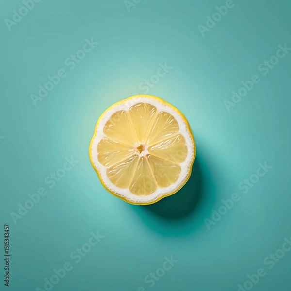 Obraz One slice of lemon on a solid teal background. Centered composition, vibrant but simple.