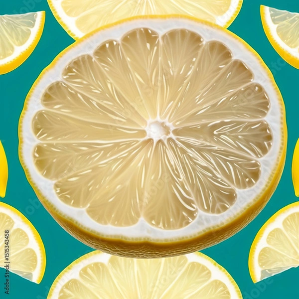 Obraz One slice of lemon on a solid teal background. Centered composition, vibrant but simple.