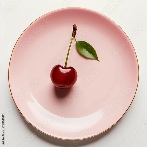 Obraz A single cherry with stem on a pale pink plate, set on a white background. Overhead shot