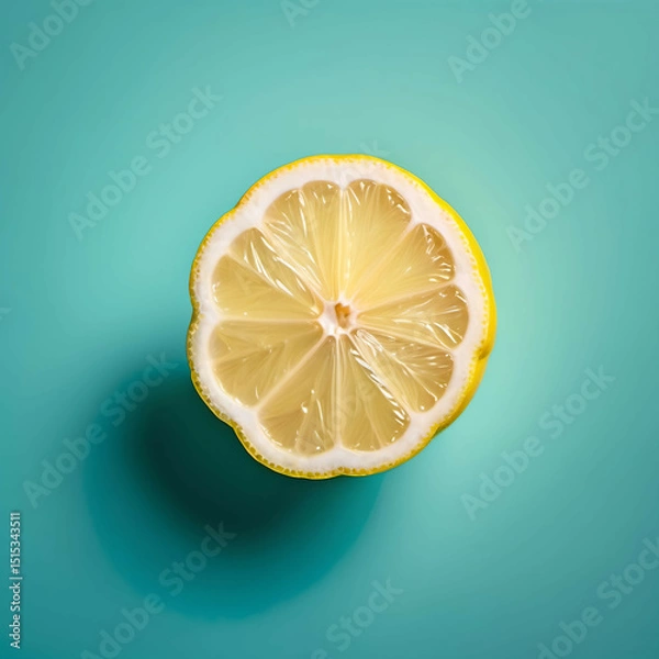 Obraz One slice of lemon on a solid teal background. Centered composition, vibrant but simple.
