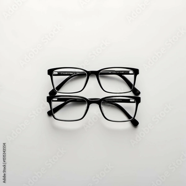 Obraz Minimalist photo of a pair of eyeglasses folded neatly on a white surface. Shot from above with soft lighting