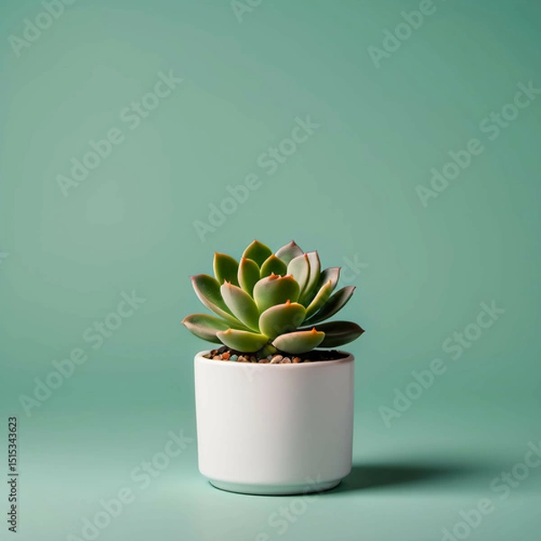 Obraz A small succulent in a white pot, placed at the bottom right of a solid color background. Lots of negative space