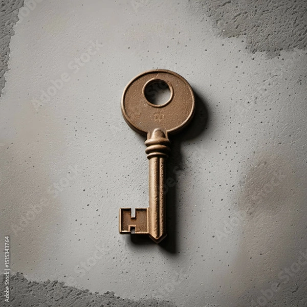Obraz Minimalist image of a key on a concrete-textured background. Slightly off-center composition