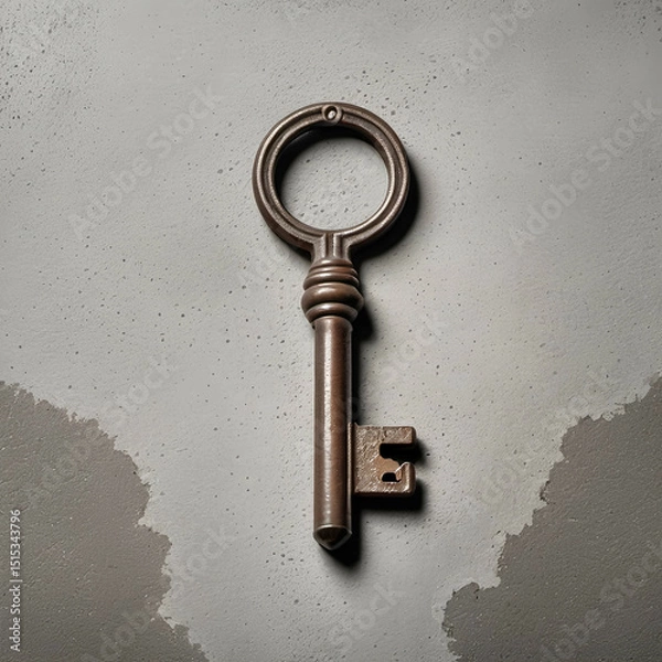 Obraz Minimalist image of a key on a concrete-textured background. Slightly off-center composition
