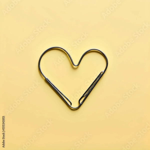Obraz A lone paperclip shaped into a heart, placed in the center of a pastel yellow background. Shadow on the left.