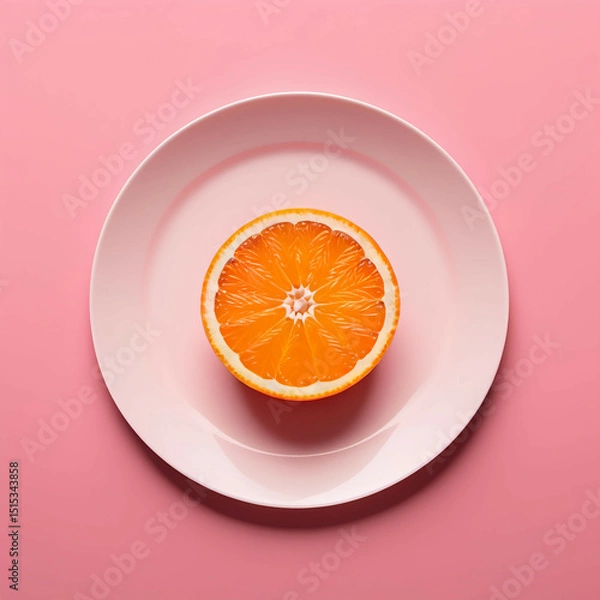 Obraz A minimalist shot of an orange cut in half, placed perfectly in the middle of a white plate on a pink background.