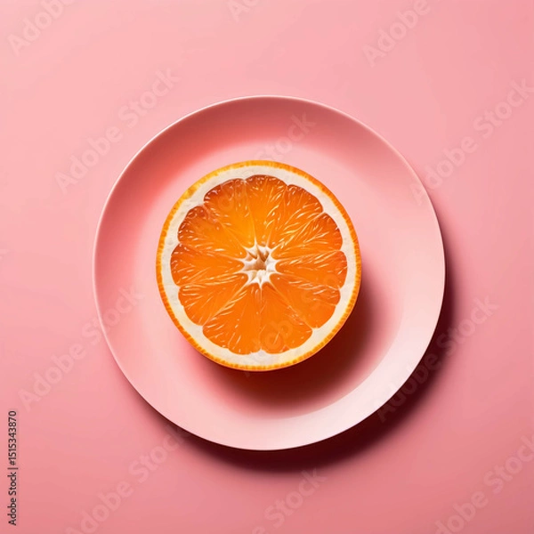 Obraz A minimalist shot of an orange cut in half, placed perfectly in the middle of a white plate on a pink background.