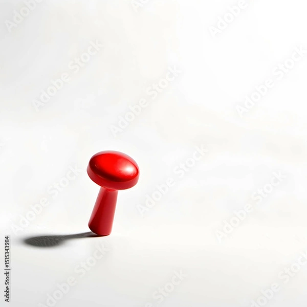Obraz One red push pin on a pure white surface, positioned in the bottom left corner. High contrast, lots of negative space.