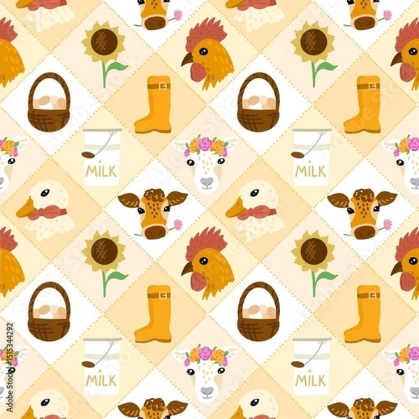 Obraz Cute seamless farm pattern with animals, boots, milk, eggs, and sunflowers on a patchwork background. Perfect for kids, textiles, or country-style designs.