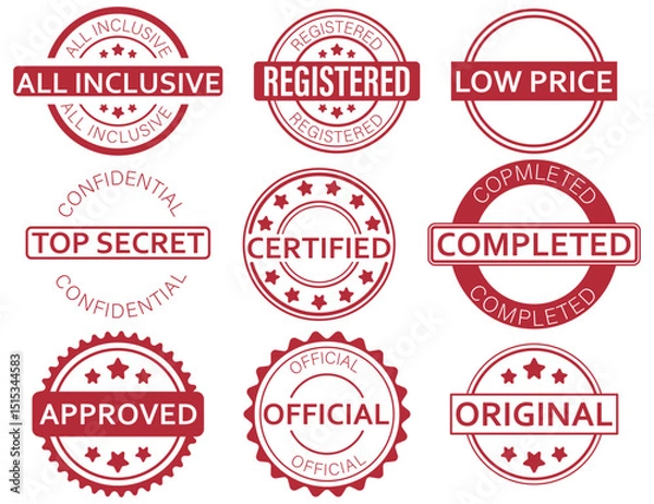 Fototapeta Collection of red rubber stamp badges with different labels such as approved, certified, original, and more. Suitable for official documents, marketing, and branding.