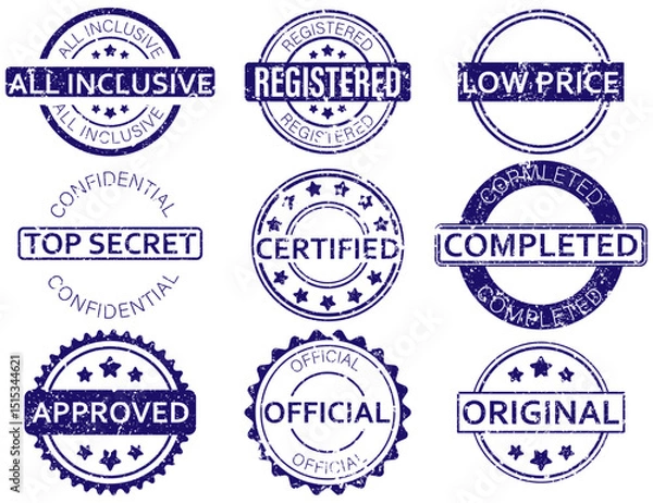 Fototapeta Vector set of grunge-style purple stamps with popular keywords for office and marketing purposes. Perfect for digital and print projects. Vector stamp set. Grunge label icon. Office document stamp.