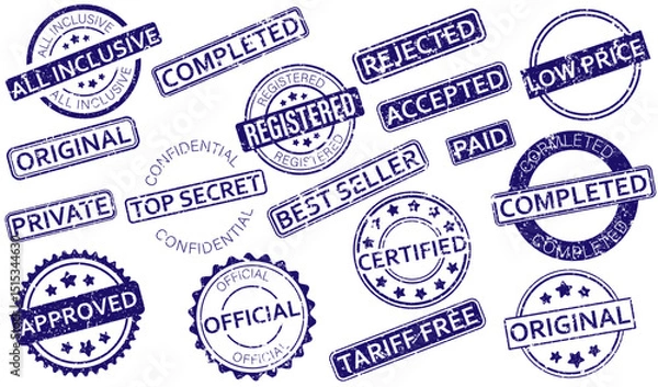 Fototapeta A collection of grunge-style rubber stamps with various business-related labels such as approved, confidential, original, and completed. Business rubber stamps. Grunge stamp collection.
