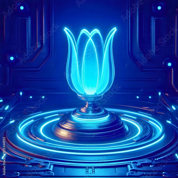 Obraz Futuristic glowing blue lotus flower on metallic base in sci-fi environment