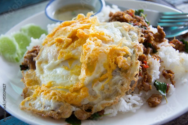 Obraz Fried Rice with Basil, Pork, Egg