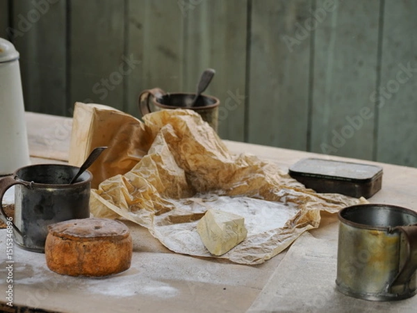 Fototapeta Vintage kitchen table with pork pie and aged cheese in parchment paper.