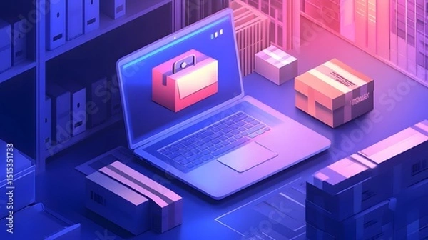 Fototapeta Digital Workspace: A laptop displaying a vibrant toolbox graphic sits amidst strategically placed cardboard boxes, symbolizing a seamless digital workspace. 