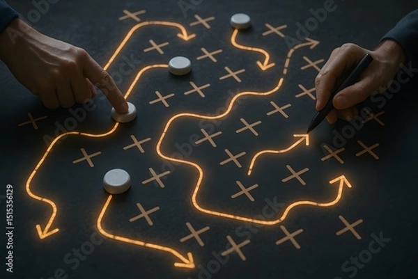 Fototapeta Close-up of a person's hands plotting a strategic plan, visualizing a decision-making process with arrows, markers, and other visual aids
