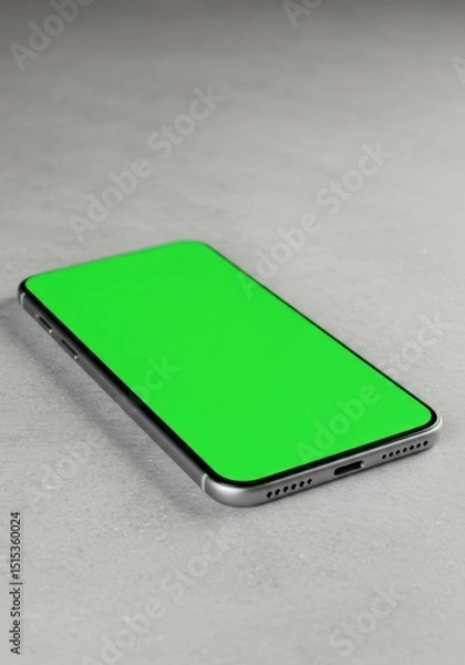 Fototapeta Green screen mobile device placed on textured surface, perfect for product mockups.