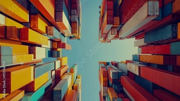 Fototapeta Colorful Shipping Containers in Azure Sky: A striking low-angle shot showcases a multitude of vibrant shipping containers stacked against a backdrop of a serene, azure sky.