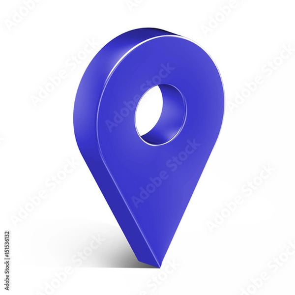 Fototapeta Blue glossy map pin with shadow. concept of tagging, center, landmark badge, tip, trip, needle, route build, locate. Isolated on white background