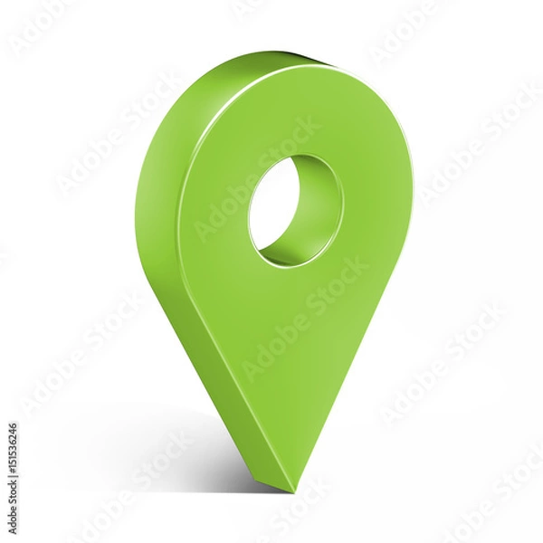 Fototapeta Green glossy map pin with shadow. concept of tagging, center, landmark badge, tip, trip, needle, route build, locate. Isolated on white background