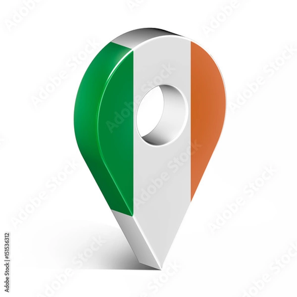 Fototapeta Ireland glossy map pin with shadow. concept of tagging, center, landmark badge, tip, trip, needle, route build, locate. Isolated on white background