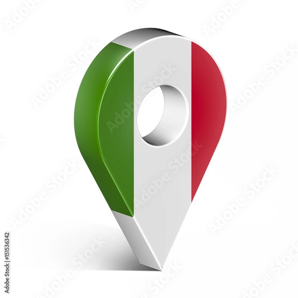 Fototapeta Italy glossy map pin with shadow. concept of tagging, center, landmark badge, tip, trip, needle, route build, locate. Isolated on white background