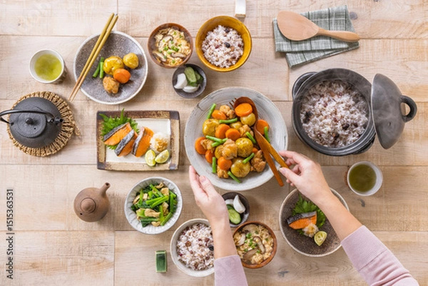 Fototapeta 【 肉じゃがを囲む食卓】二人で楽しむ肉ジャガ。焼き鮭。小松菜と揚げのお浸し。雑穀ごはん。ふんわり卵のお味噌汁。いつもの食卓。