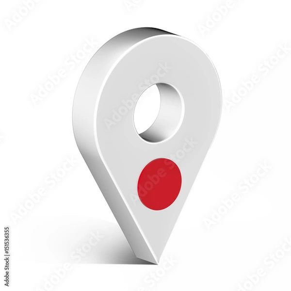 Fototapeta Japan glossy map pin with shadow. concept of tagging, center, landmark badge, tip, trip, needle, route build, locate. Isolated on white background