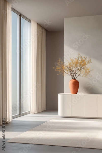 Fototapeta Minimalist white modern living room with natural light and elegant decor