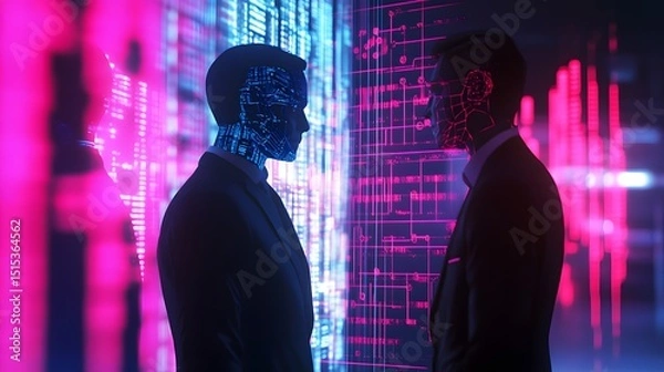 Fototapeta Digital Interface: Capturing the ethereal glow of data streams, two figures engage in a silent dialogue, the world of digital coding and innovation.