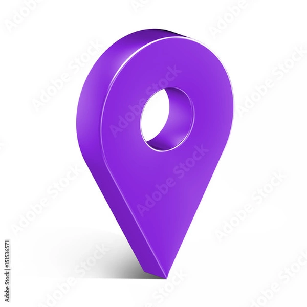 Fototapeta Purple glossy map pin with shadow. concept of tagging, center, landmark badge, tip, trip, needle, route build, locate. Isolated on white background