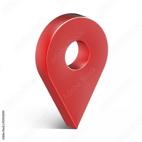 Fototapeta Red glossy map pin with shadow. concept of tagging, center, landmark badge, tip, trip, needle, route build, locate. Isolated on white background