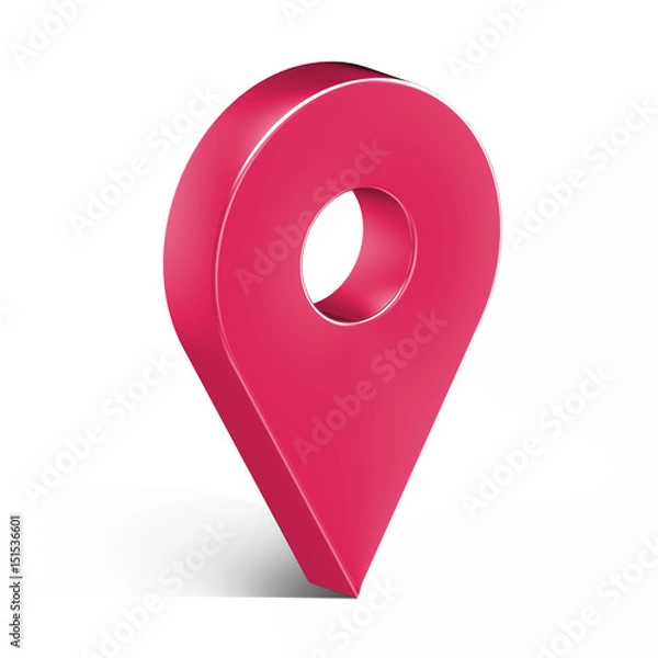 Fototapeta Pink glossy map pin with shadow. concept of tagging, center, landmark badge, tip, trip, needle, route build, locate. Isolated on white background