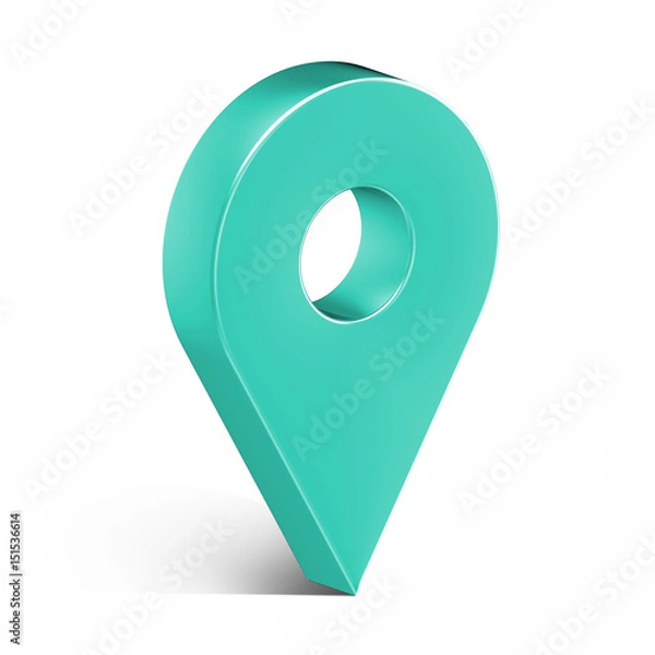 Fototapeta Mint glossy map pin with shadow. concept of tagging, center, landmark badge, tip, trip, needle, route build, locate. Isolated on white background