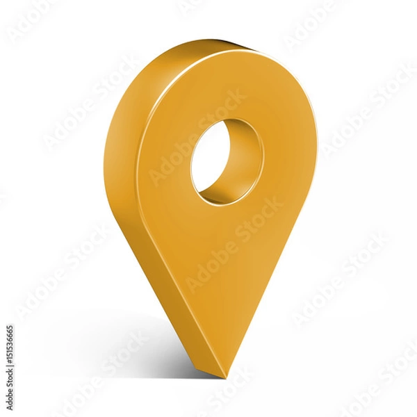 Fototapeta Yellow glossy map pin with shadow. concept of tagging, center, landmark badge, tip, trip, needle, route build, locate. Isolated on white background