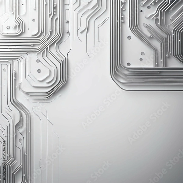 Obraz A monochrome white and silver tech background with embossed circuit patterns and subtle depth.