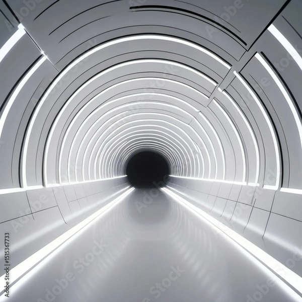 Obraz Futuristic white tunnel with glowing lines leading into darkness. Clean, sharp, and silent