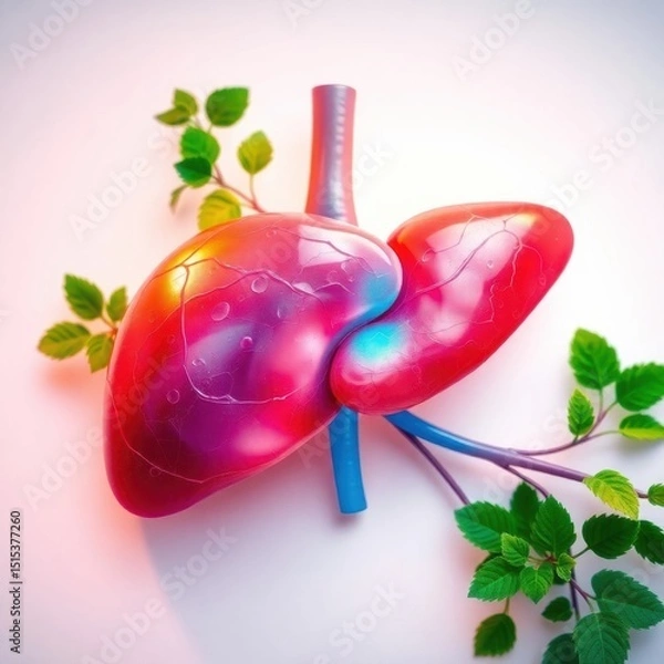 Fototapeta A vibrant, healthy human liver with intricate structure, glowing with vitality, surrounded by lush greenery and soft blue-white lighting, symbolizing renewal and well-being

