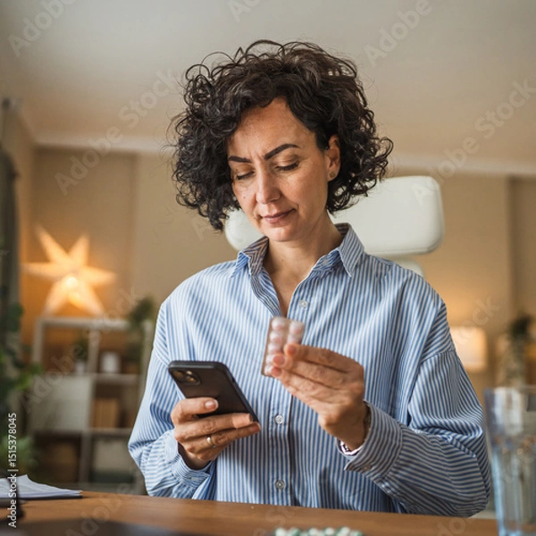 Obraz Mature woman hold the medicine and read instructions on mobile phone while sit in home office