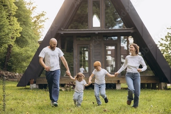 Obraz Happy family running together in front of their modern a frame house