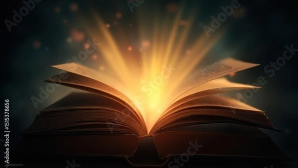 Fototapeta An open book emits a bright, glowing light from its center, with a mist rising above the pages. The dark background accentuates the mystical effect, evoking themes of magic, knowledge, and discovery.