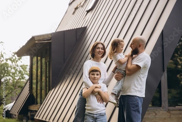 Obraz Happy family posing in front of their modern house