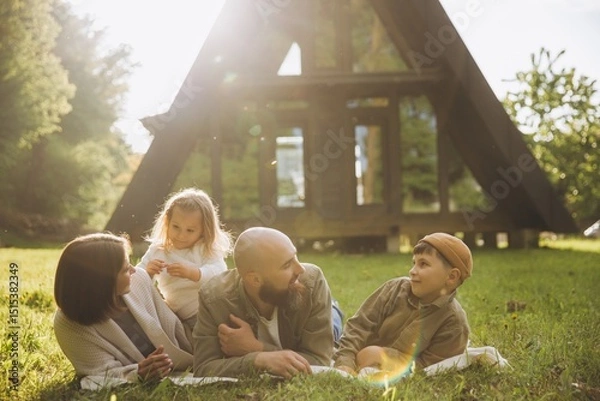 Obraz Family relaxing on grass in front of a frame cabin enjoying vacation