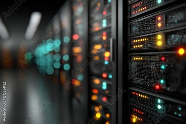 Fototapeta Server rack with blinking LED lights in data center darkness