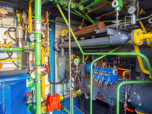 Obraz Color-coded industrial gas compressor system with pipes, valves, gauges, and control units, used in energy, HVAC, and process engineering. – Energy, Industrial Engineering