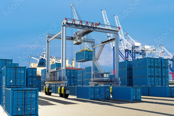 Obraz Automated crane lifting blue shipping containers at a modern seaport terminal with cargo ships and logistics infrastructure. – Shipping, Logistics, Customs