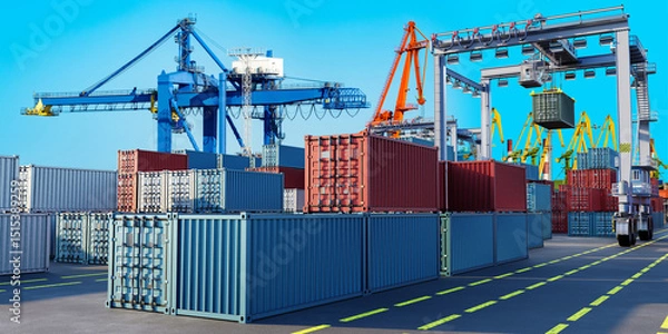 Fototapeta Busy container port terminal with stacks of cargo containers, large blue and orange cranes, and a gantry crane actively loading a container under clear skies. – Logistics, Shipping, Port